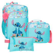 Conjunto Escolar Stitch Aloha - Mochila 2 Fechos + Estojo + Lancheira