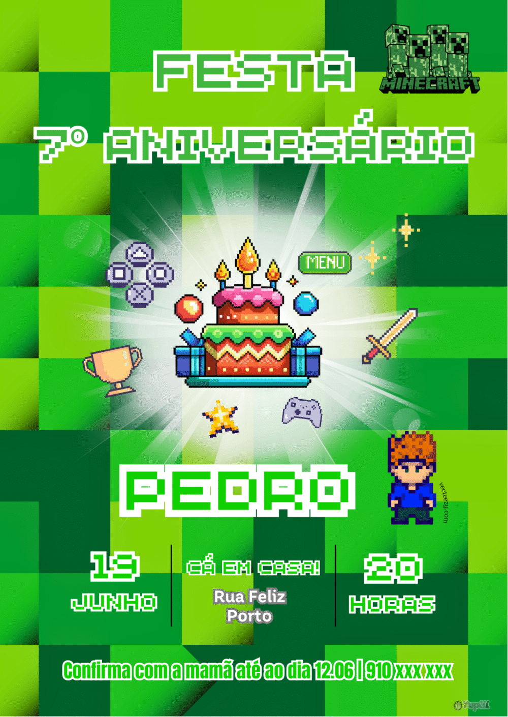 Convite de Aniversário Minecraft Cake Personalizado 12un.