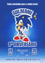 Convite de Aniversário Sonic Personalizado 12un.