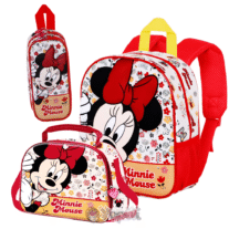 Conjunto Pré-Escolar Mochila, Estojo e Lancheira 3D Minnie Mouse “Flowered”