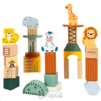Conjunto Blocos Madeira Animais da Selva Woomax 28 Peças 24m+