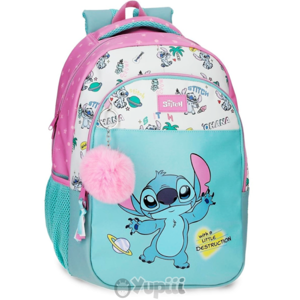 Mochila Escolar 2 Fechos Stitch "Little Destrution" 42cm Adaptável Trolley