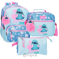 Conjunto Escolar Stitch Hearts Denim Azul Mochila