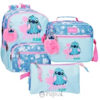 Conjunto Escolar Stitch Hearts Denim Azul Mochila