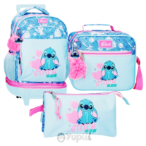 Conjunto Escolar Stitch Hearts Denim Azul Trolley